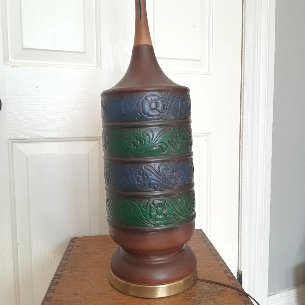 Vintage Embossed Ceramic Lamp Base – Blue & Green Floral Bands – Mid-Century